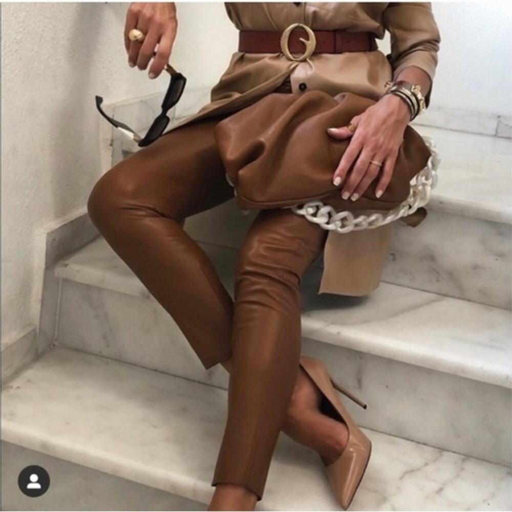 Zara Brown High Waisted Faux Leather Leggings Vegan Cognac Suede Lined Pants - Picture 7 of 14